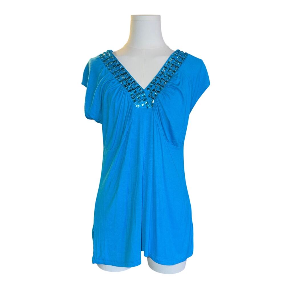 NWT SHU SHU Beaded V-Neck Tunic Top Blue Sequin Short Sleeve Blouse Size L Y2K